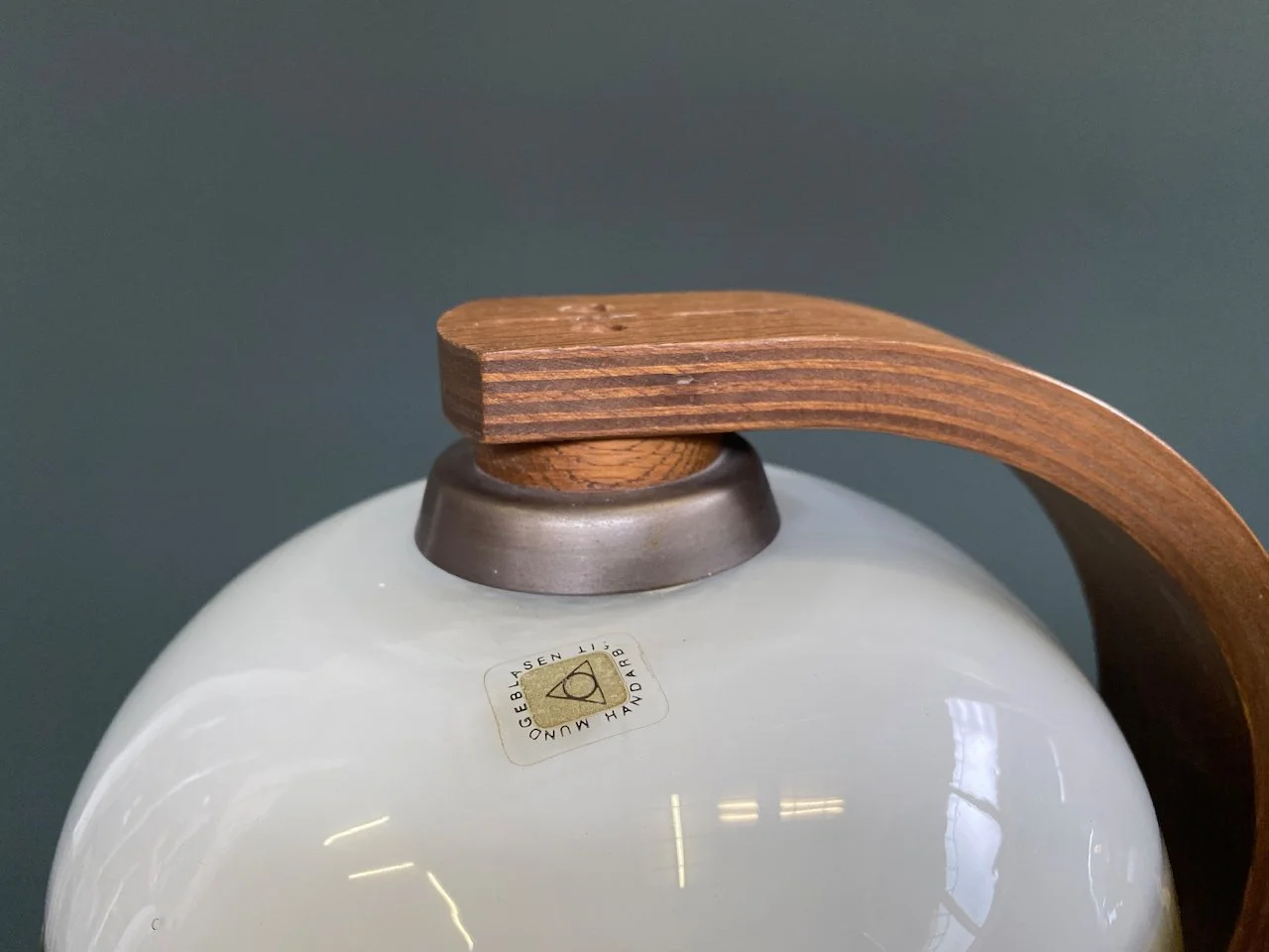 Temde Leuchten double pendant lamp with hand-blown glass shades and teak plywood frame, 1970s