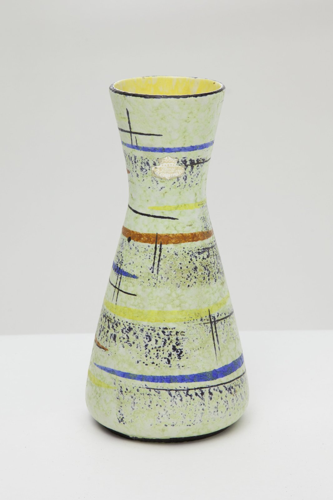 Vintage Bay Keramik mint-green West German pottery vase, speckled glaze with blue and yellow lines and sgraffito crosses, form 585-25