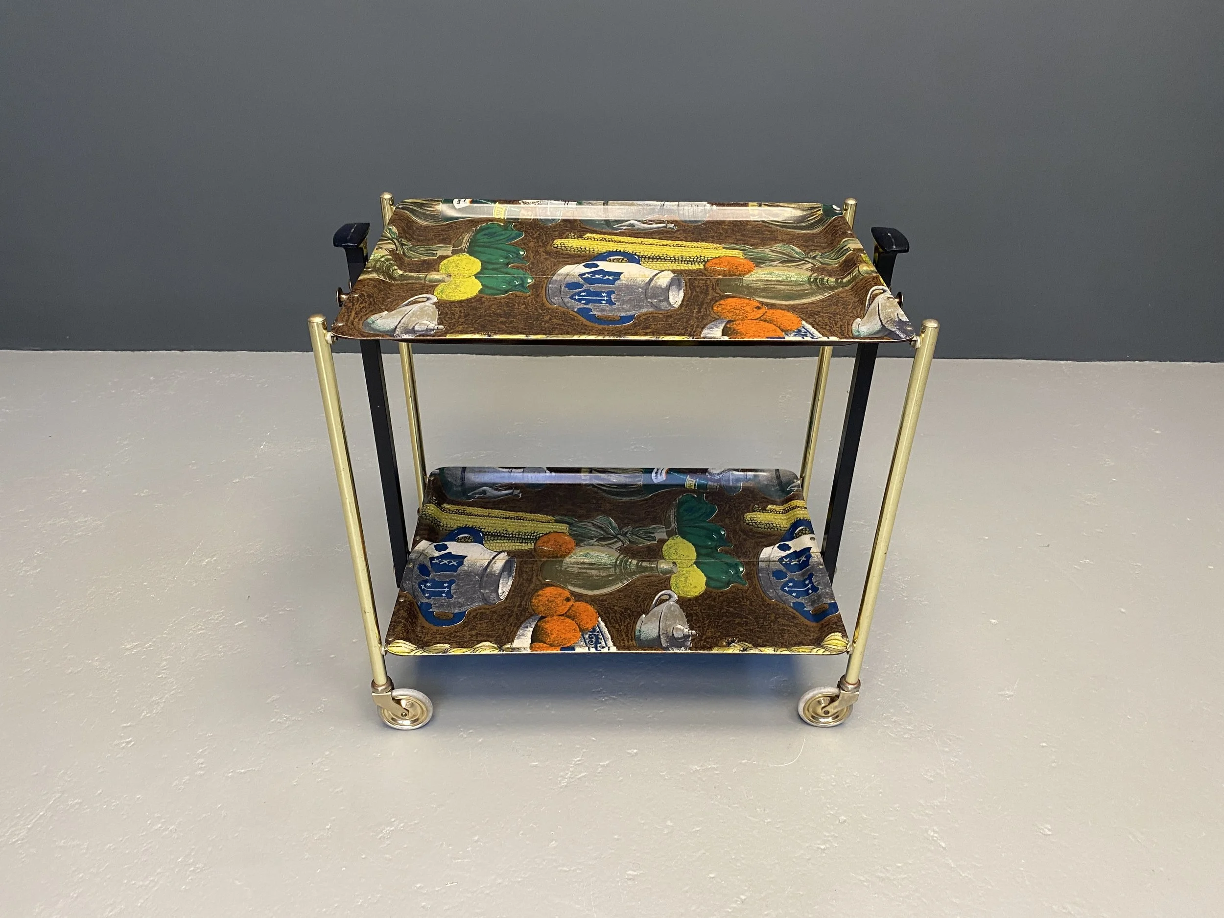 Bremshey Gerlinol folding serving trolley with vegetable print Formica trays, 1960s Germany