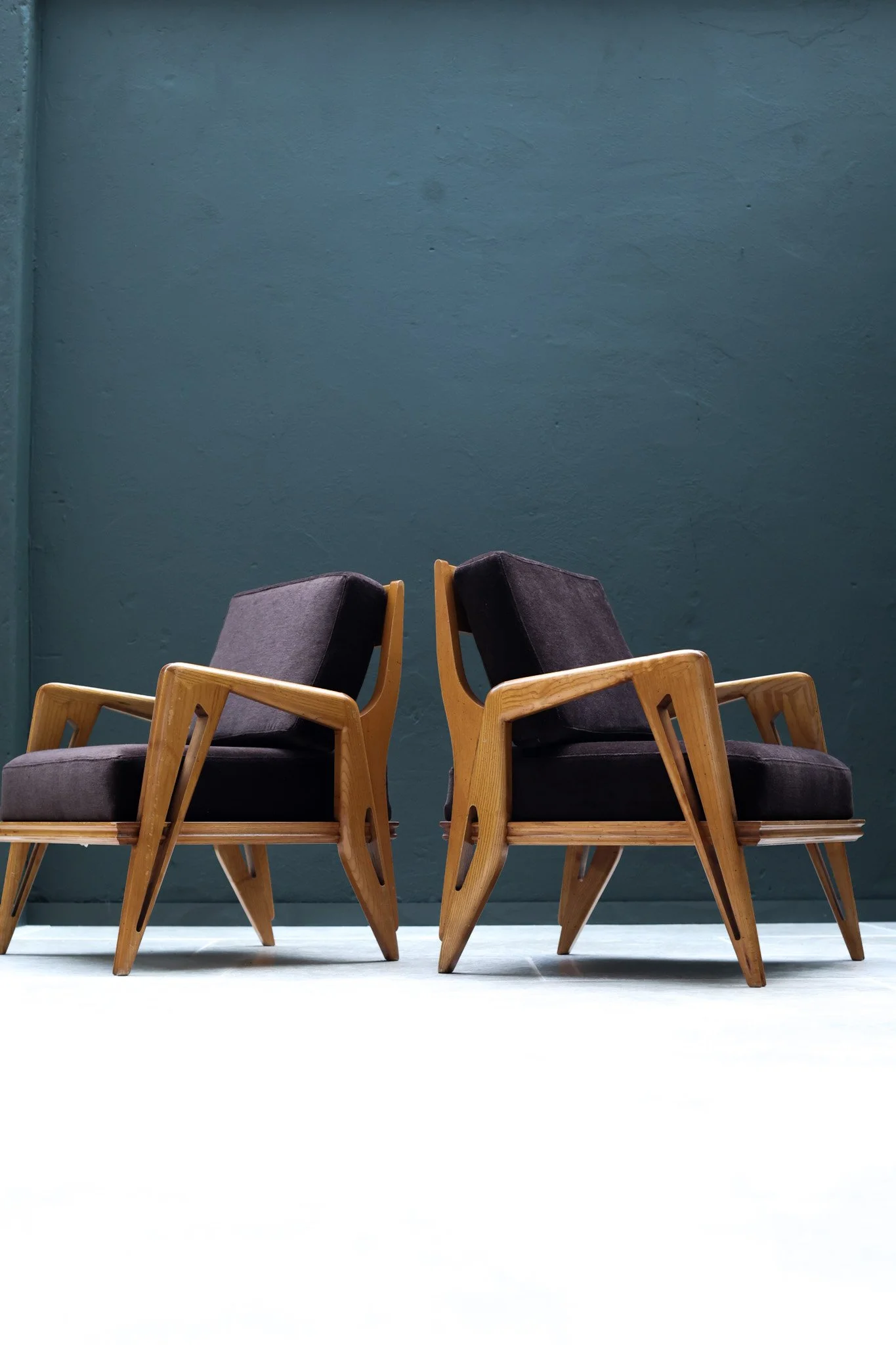Franco Campo and Carlo Graffi armchairs for Home label with sculptural wood frames, Italy 1960