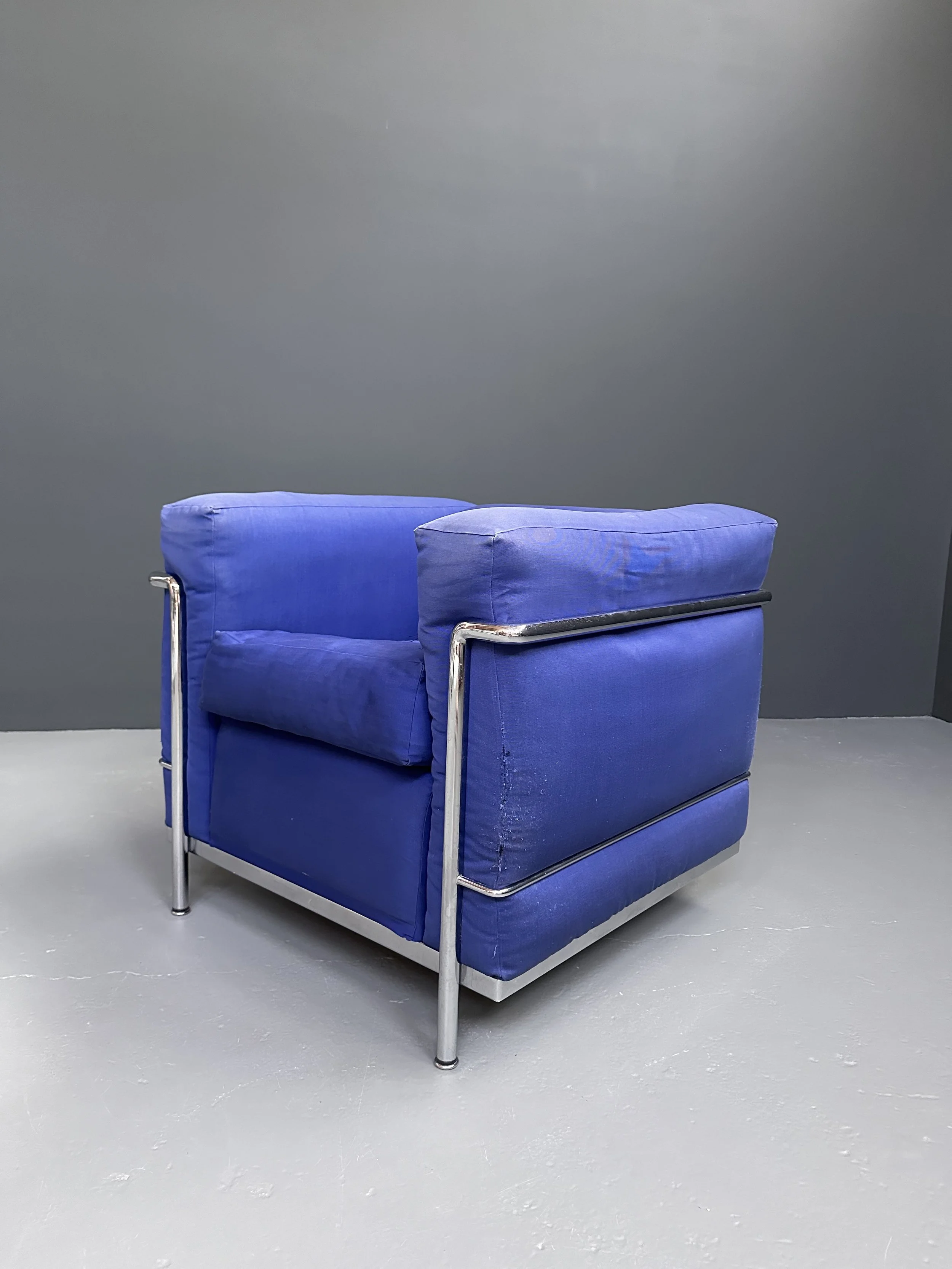 Cassina LC2 armchair by Le Corbusier in blue fabric with chrome steel frame, 1990s