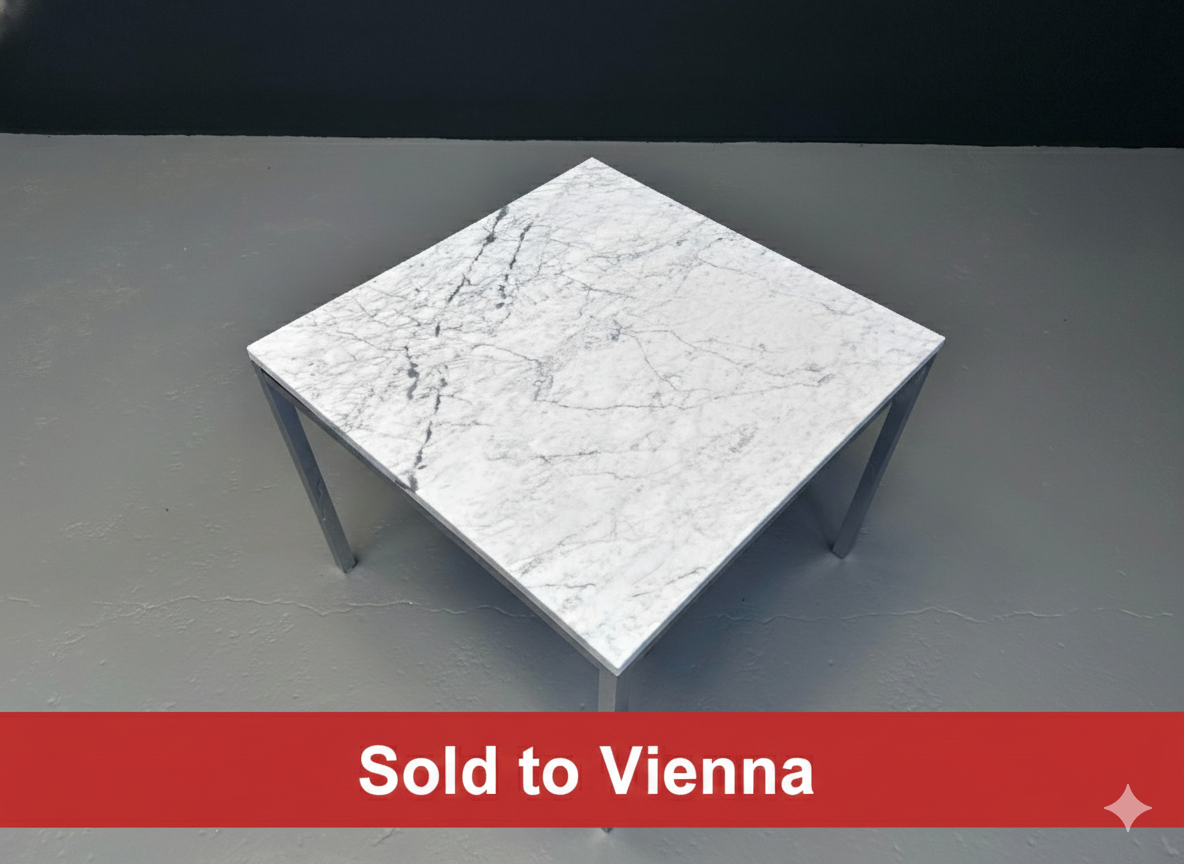 Florence Knoll square Carrara marble coffee table on chrome steel base, Knoll, 1960s