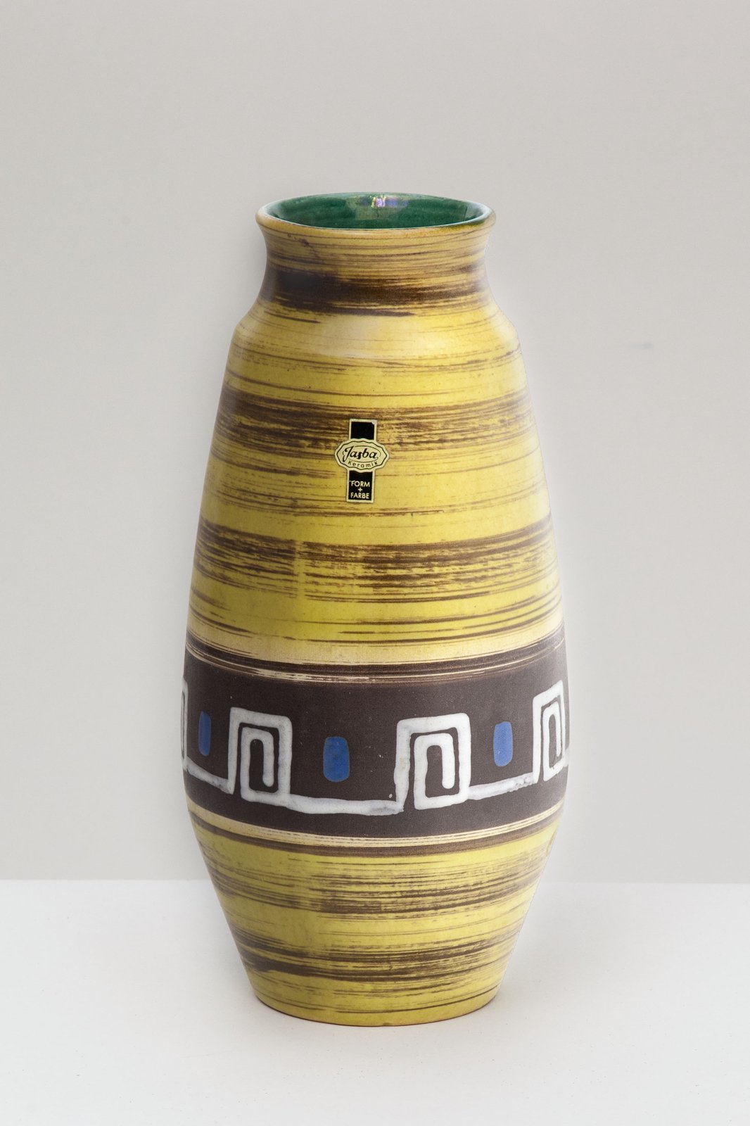 Vintage Jasba Keramik West German pottery vase, golden-yellow glaze with brown and blue geometric meander band, 1960s