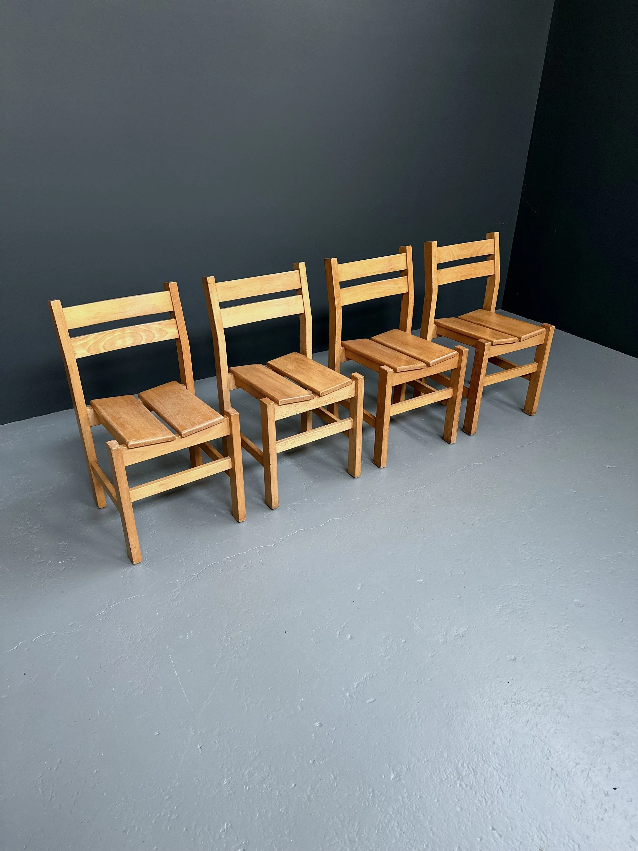 Beech wood dining chairs set of four by Maison Regain, Les Arcs brutalist design, circa 1980s France