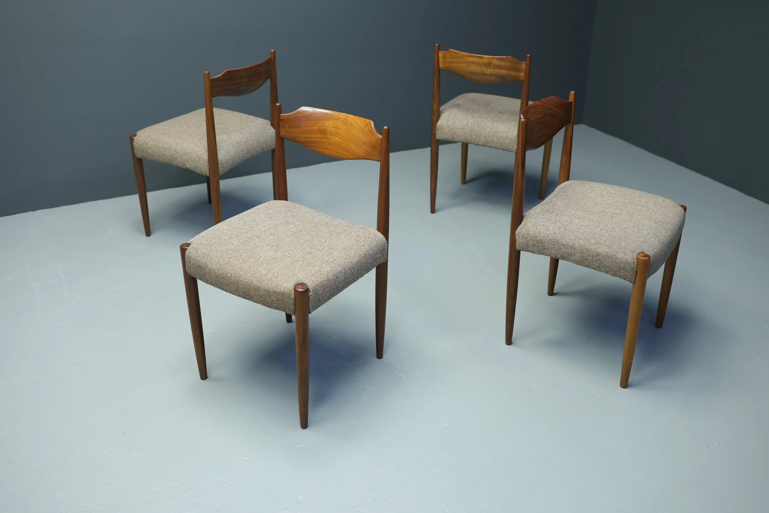 Mid-century Danish teak dining chairs set of four with grey fabric upholstery 1960s