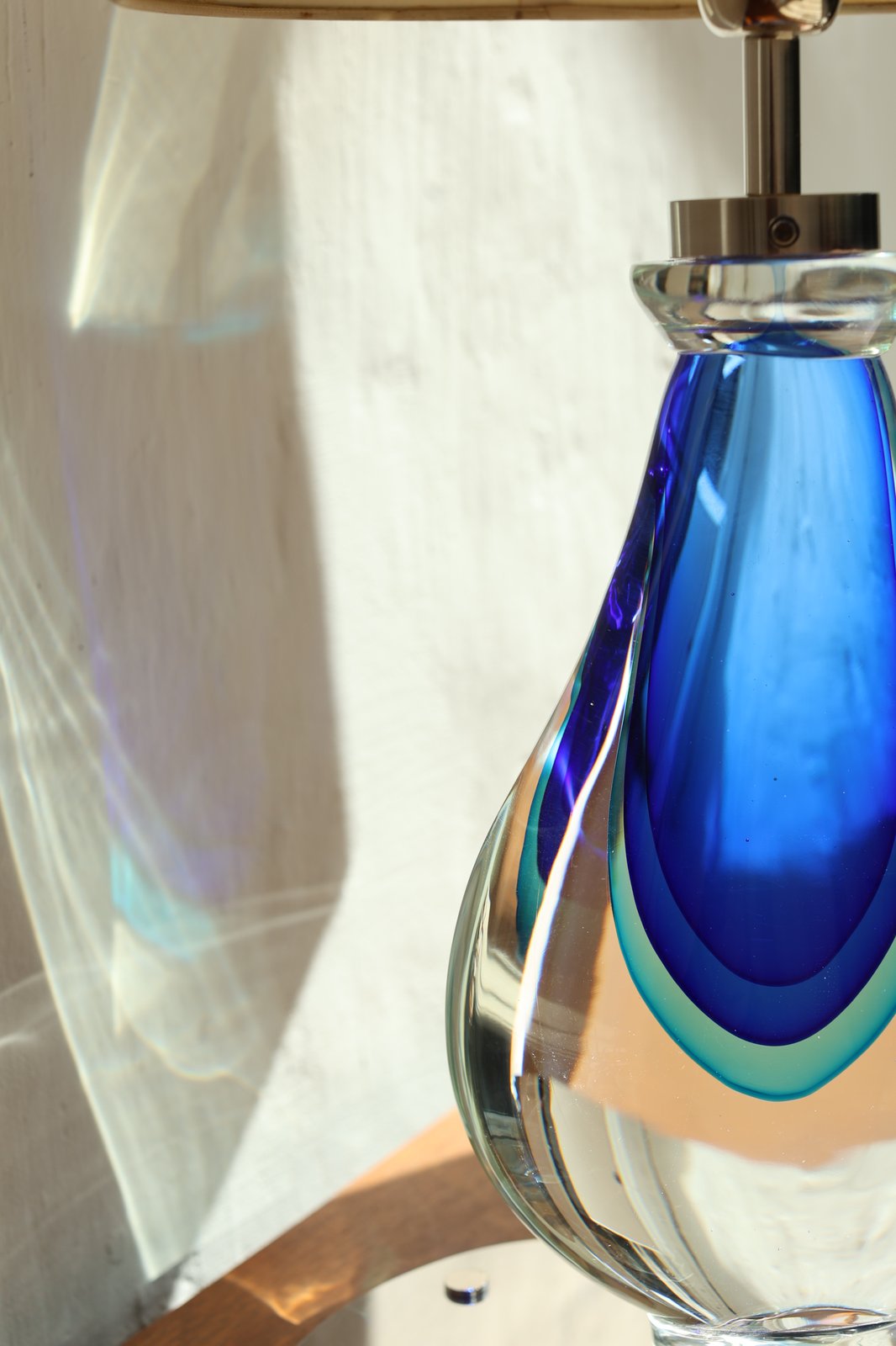 Murano sommerso teardrop glass table lamp base, clear glass cased over blue and turquoise, on a chrome plate