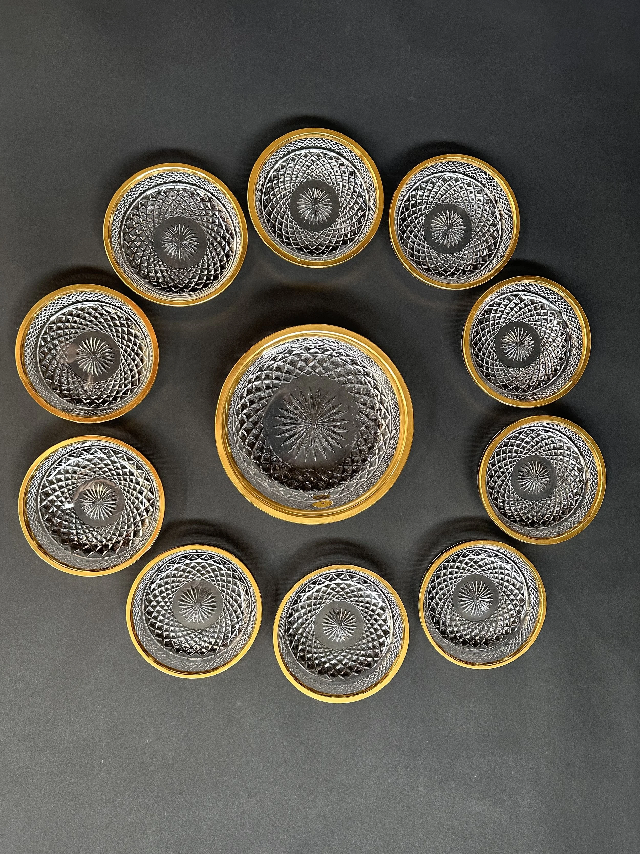 Set of 11 Josephine Hutten crystal bowls with gold accents, 1960s Austria