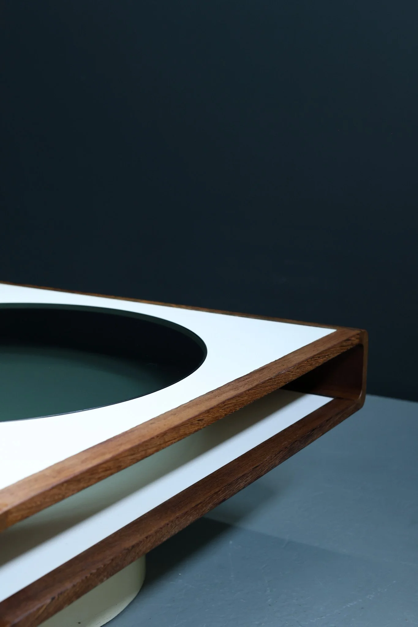 Space Age coffee table in wenge wood with round glass insert and formica top, 1970s