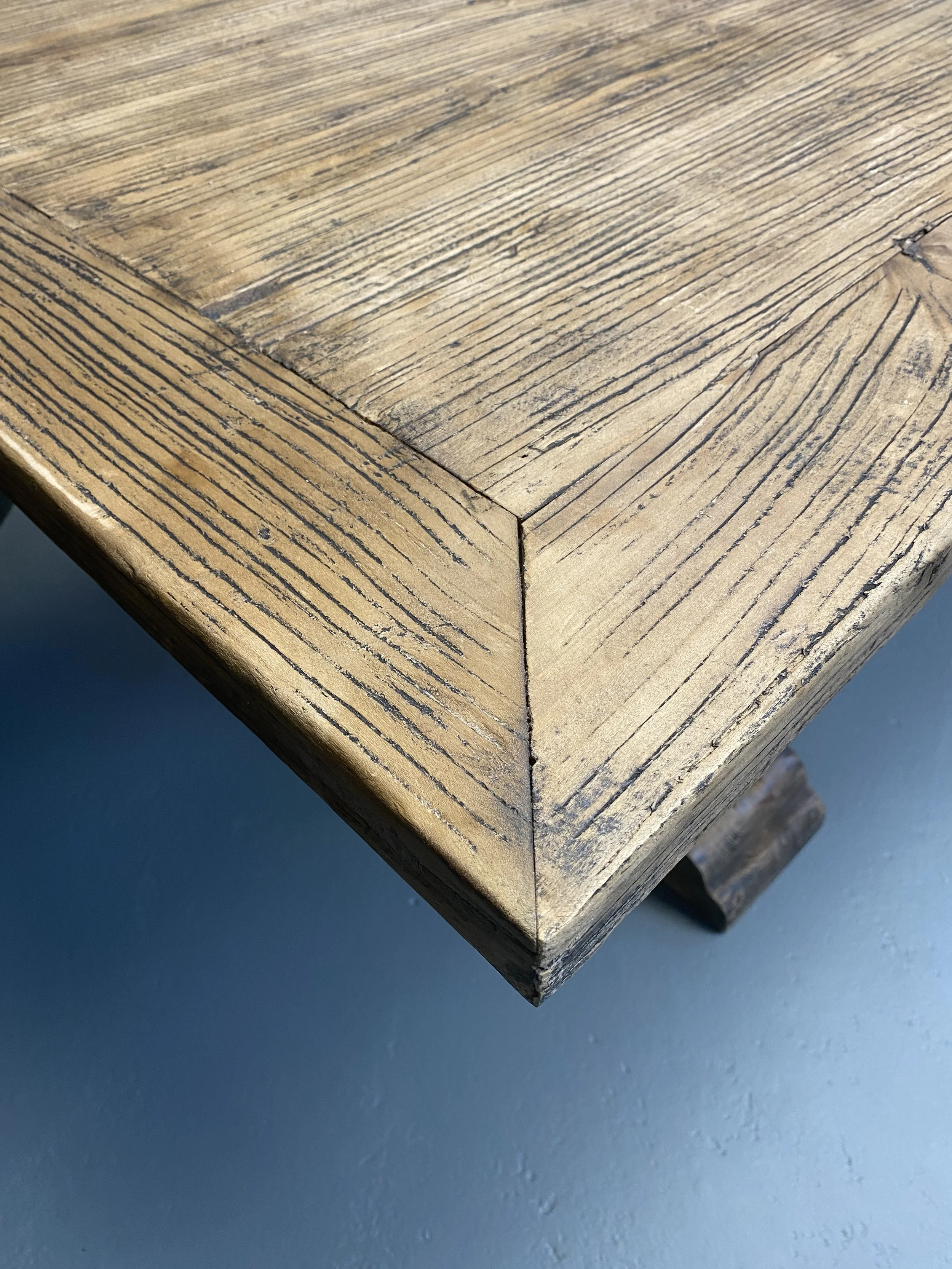 Large sculptural dining table with recycled telephone pole legs, solid wood, handmade
