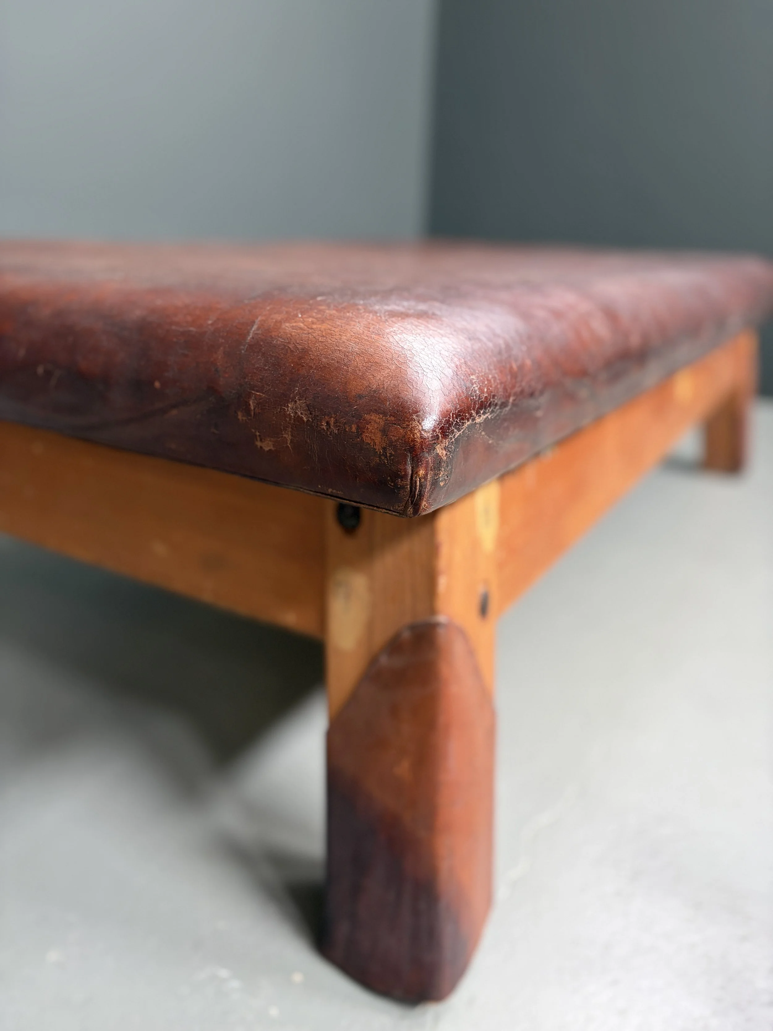 Vintage Italian leather gymnasium table repurposed as coffee table, 1950s, original patina